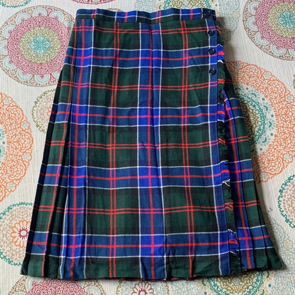 7-Pride Argyle Plaid Button-Down Skirt - Green & Blue 26 Waist